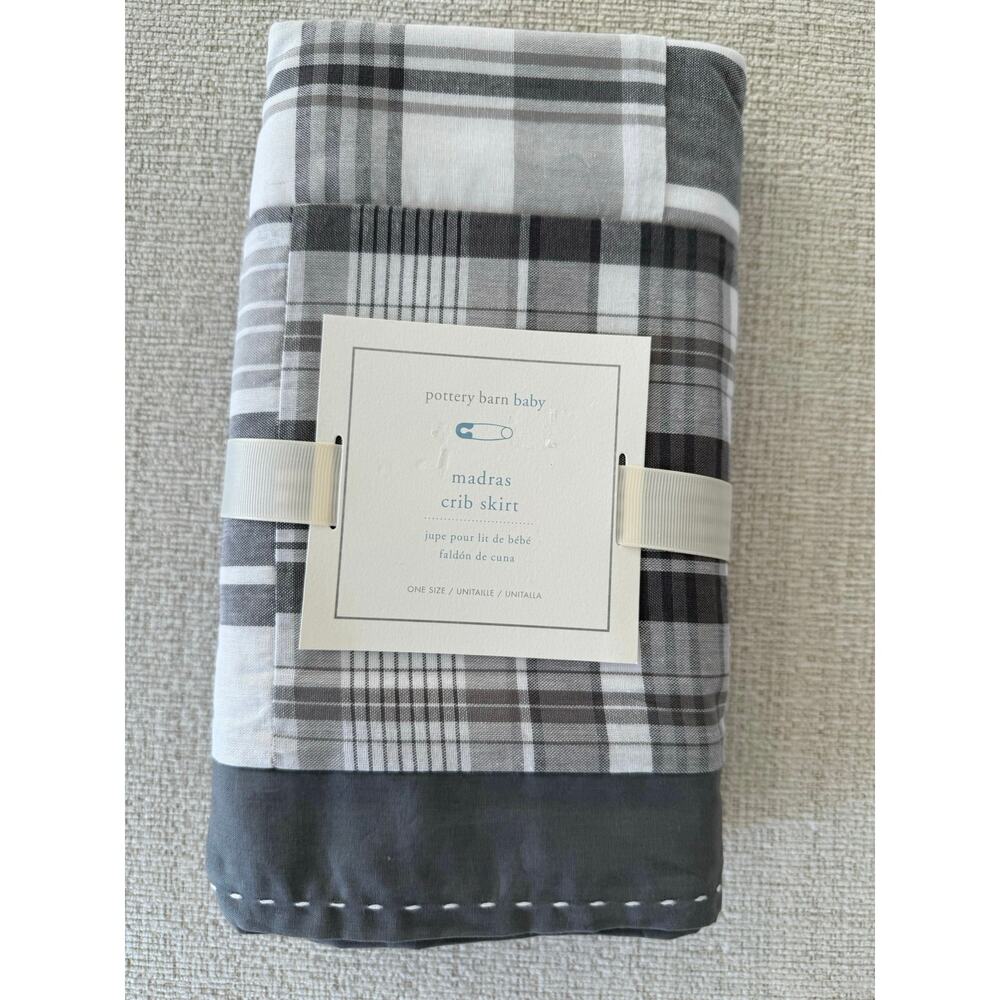 NWT POTTERY BARN Baby MADRAS CRIB SKIRT GRAY‎ PLAID. SIZE 28" x 52" Cottage